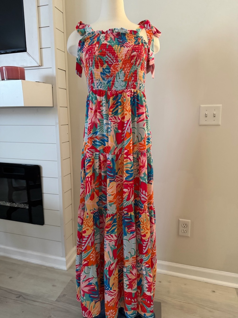 Smocked Tie-Shoulder Maxi Dress in Tropical Multi (no tags)